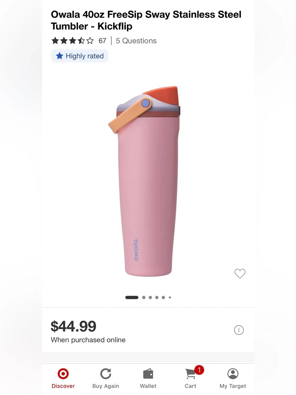 Owala Pink Insulated Travel Bottle with Orange Accent